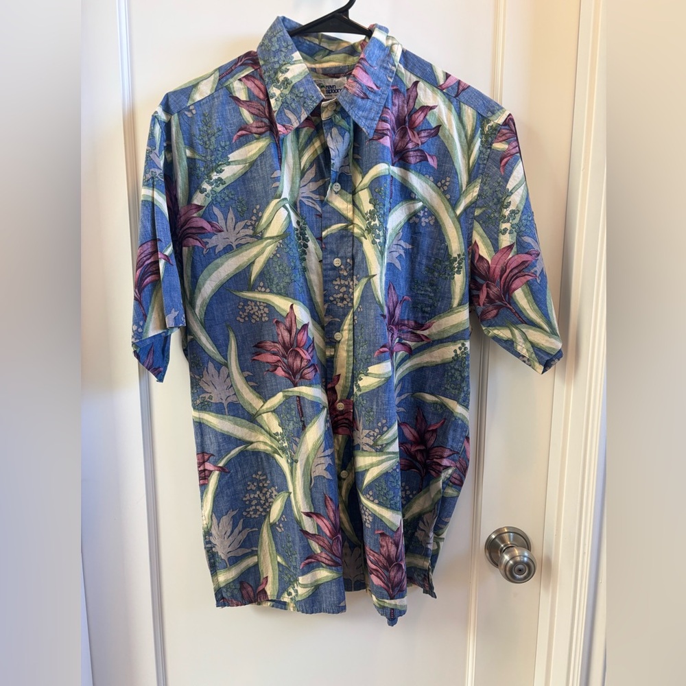 EUC Reyn Spooner Blue Floral Tropical Short-Sleeve Button-Down Size L